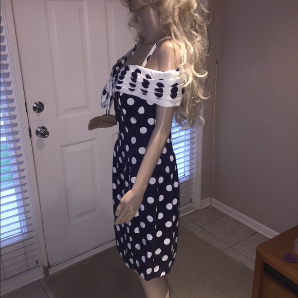VTG 80’s 90’s Navy Blue White Polka Party Dress - Picture 6 of 7